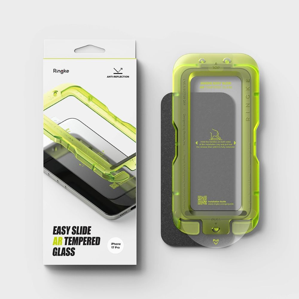 Ringke Easy Slide AR képernyővédő fólia Apple iPhone 17 Pro-hoz, Edzett üveg, Teljes ragasztó, 2.5D, Fekete