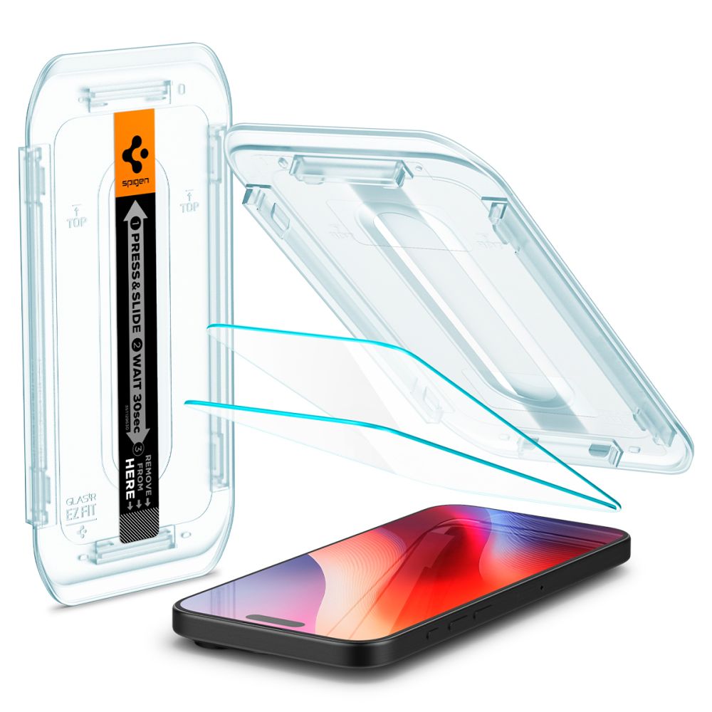 Spigen GlastR EZ FIT képernyővédő fólia Apple iPhone 17 Pro / 17 / 16 Pro készülékekhez, Edzett üveg, Teljes ragasztás, 2 darabos készlet