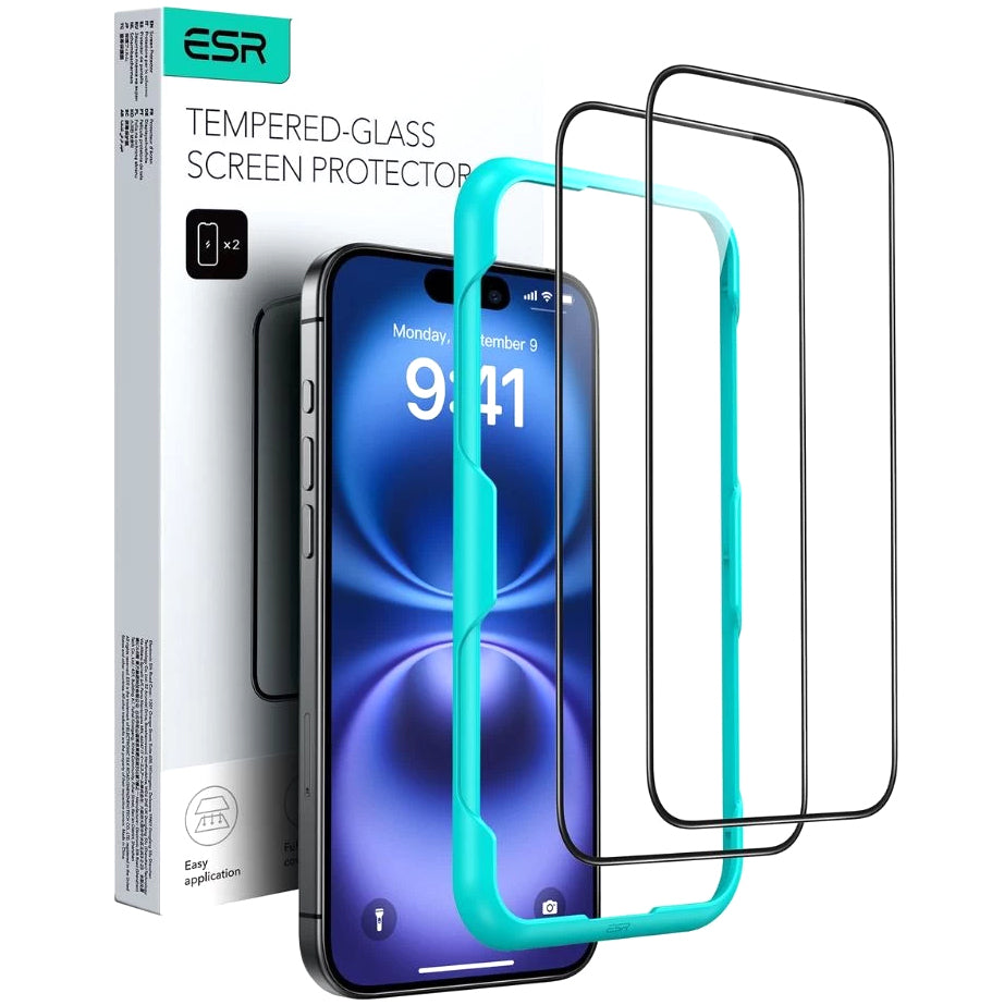 ESR képernyővédő fólia Apple iPhone 16 Pro Max készülékhez, Edzett üveg, Teljes ragasztás, 2 darabos készlet, Fekete