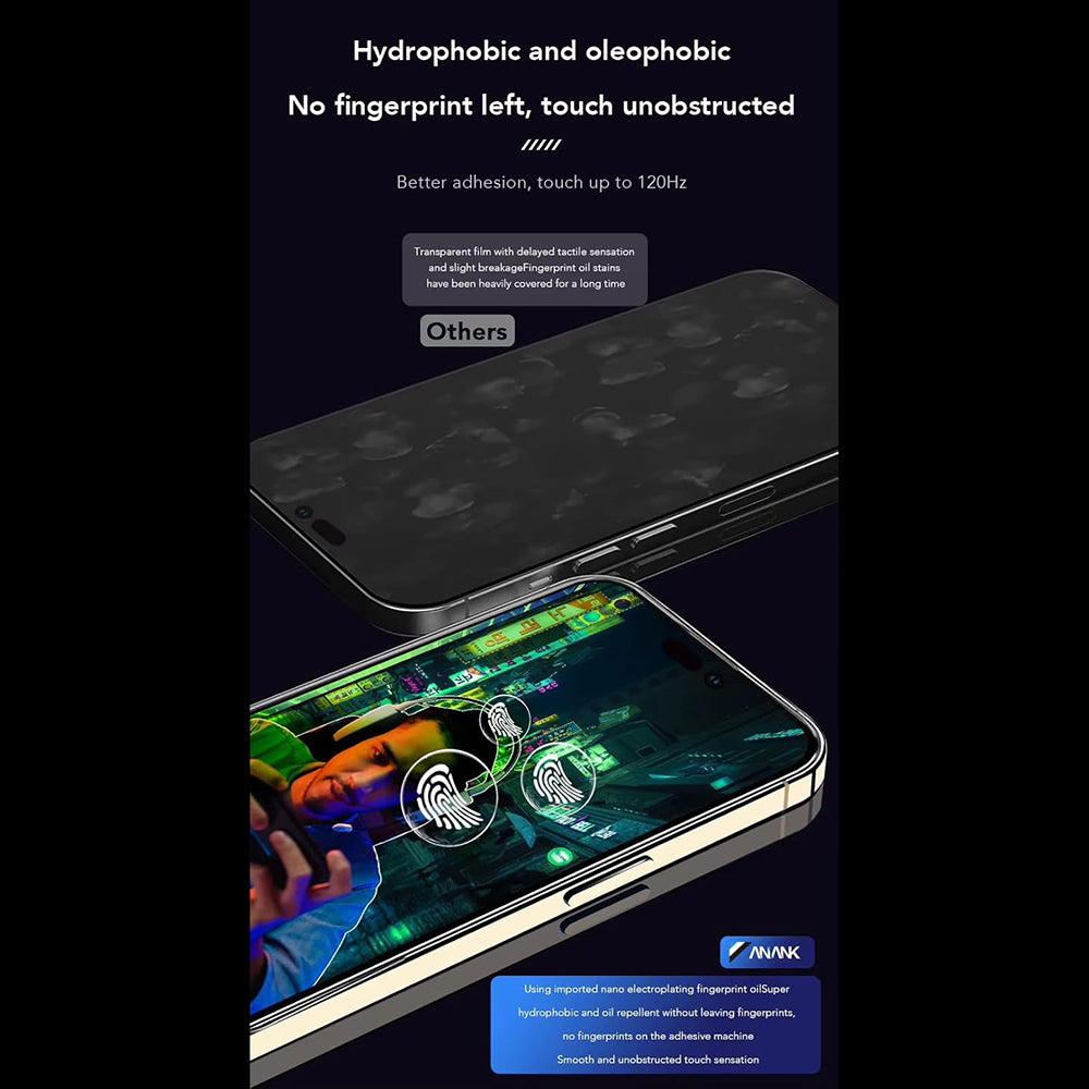 Anank 1X megerősített ujjlenyomat-mentes képernyővédő fólia Apple iPhone 16 Pro Max készülékhez, edzett üveg, teljes ragasztó, 2.5D, fekete