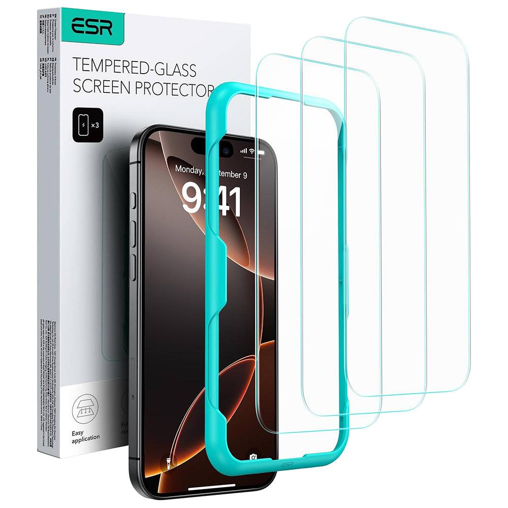 ESR képernyővédő fólia Apple iPhone 17 / 16 Pro-hoz, Edzett üveg, Teljes ragasztás, 3 darabos készlet, Fekete