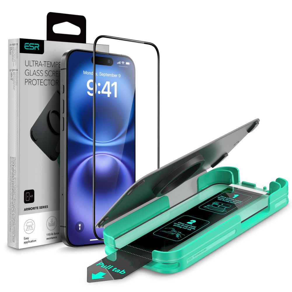 ESR Armorite képernyővédő fólia Apple iPhone 16 Plus / 15 Plus készülékhez, Edzett üveg, Teljes ragasztás, Fekete