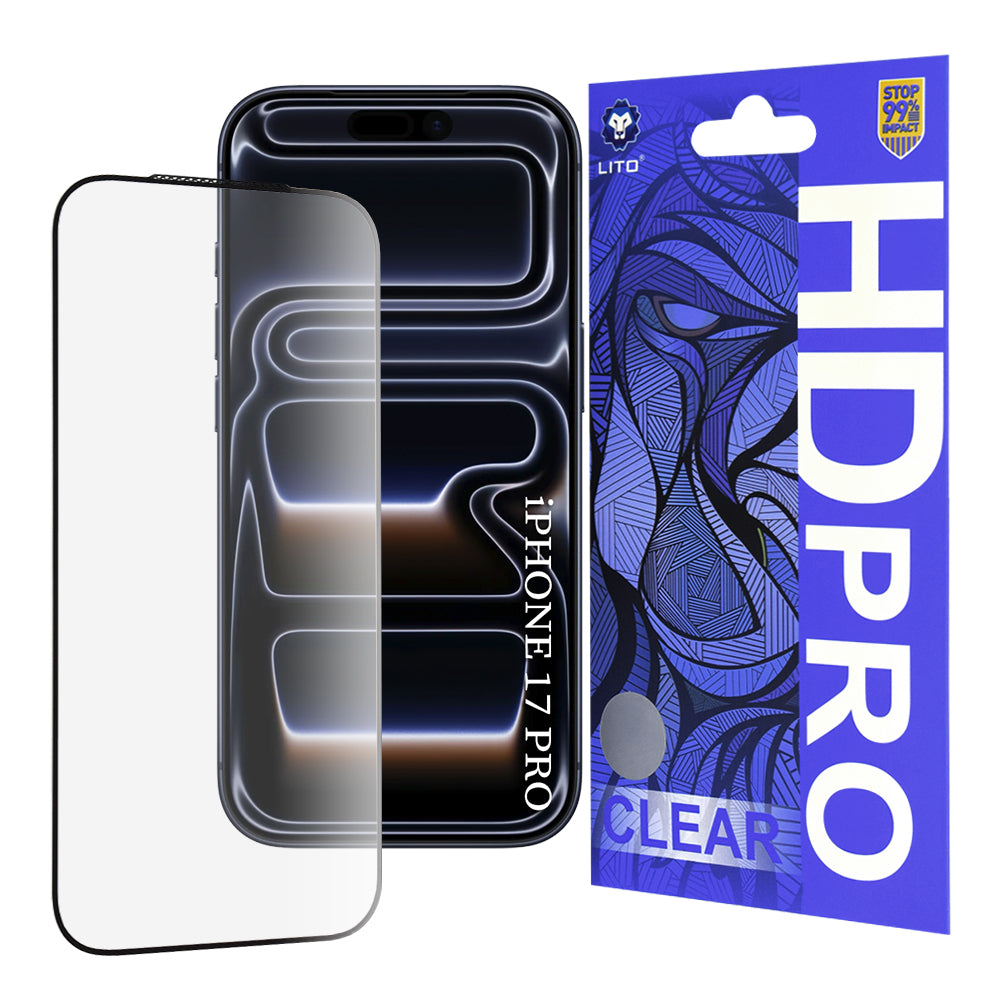Lito HD Pro Clear képernyővédő fólia Apple iPhone 17 Pro-hoz, Edzett üveg, Teljes ragasztás, Fekete