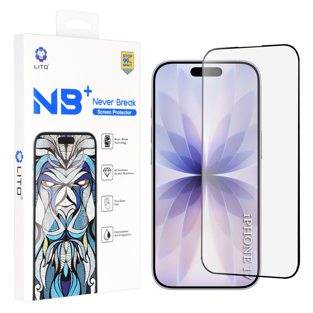 Lito NB képernyővédő fólia Apple iPhone 17 / 16 Pro-hoz, Edzett üveg, Teljes ragasztás, Fekete