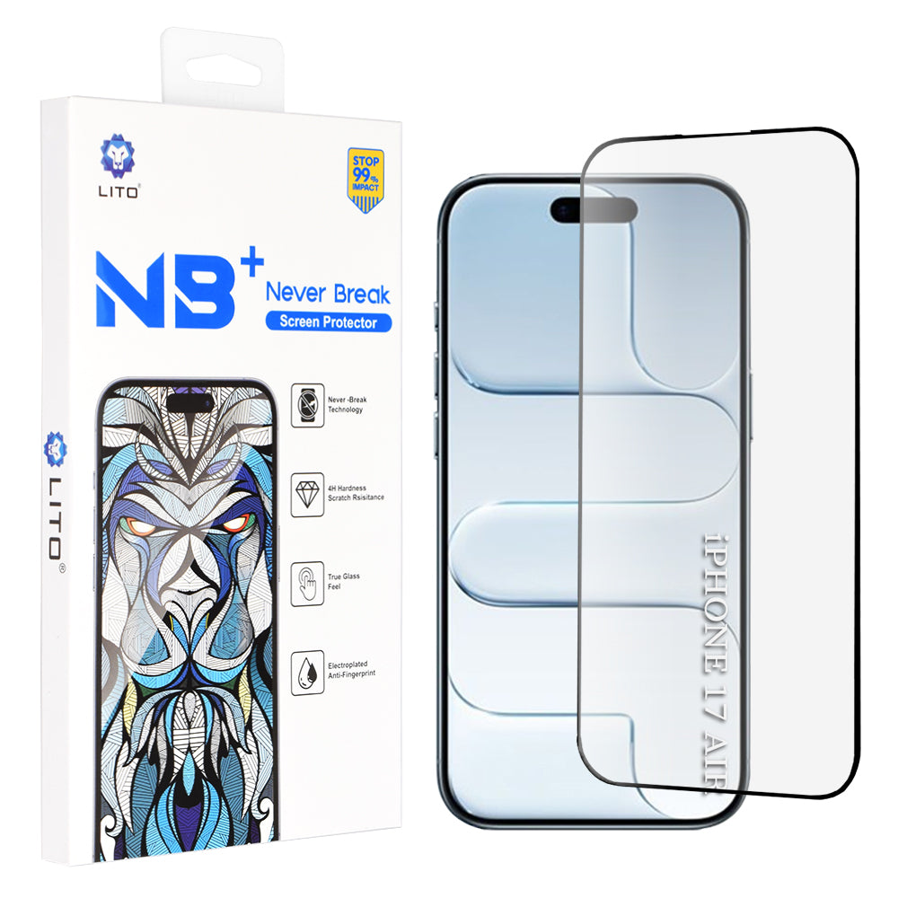 Lito NB képernyővédő fólia Apple iPhone 17 Air-hez, Edzett üveg, Teljes ragasztás, Fekete