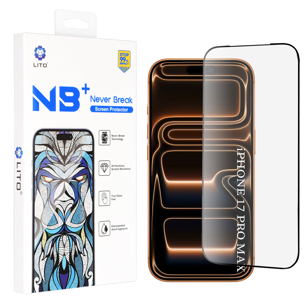 Lito NB képernyővédő fólia Apple iPhone 17 Pro Max-hez, Edzett üveg, Teljes ragasztás, Fekete
