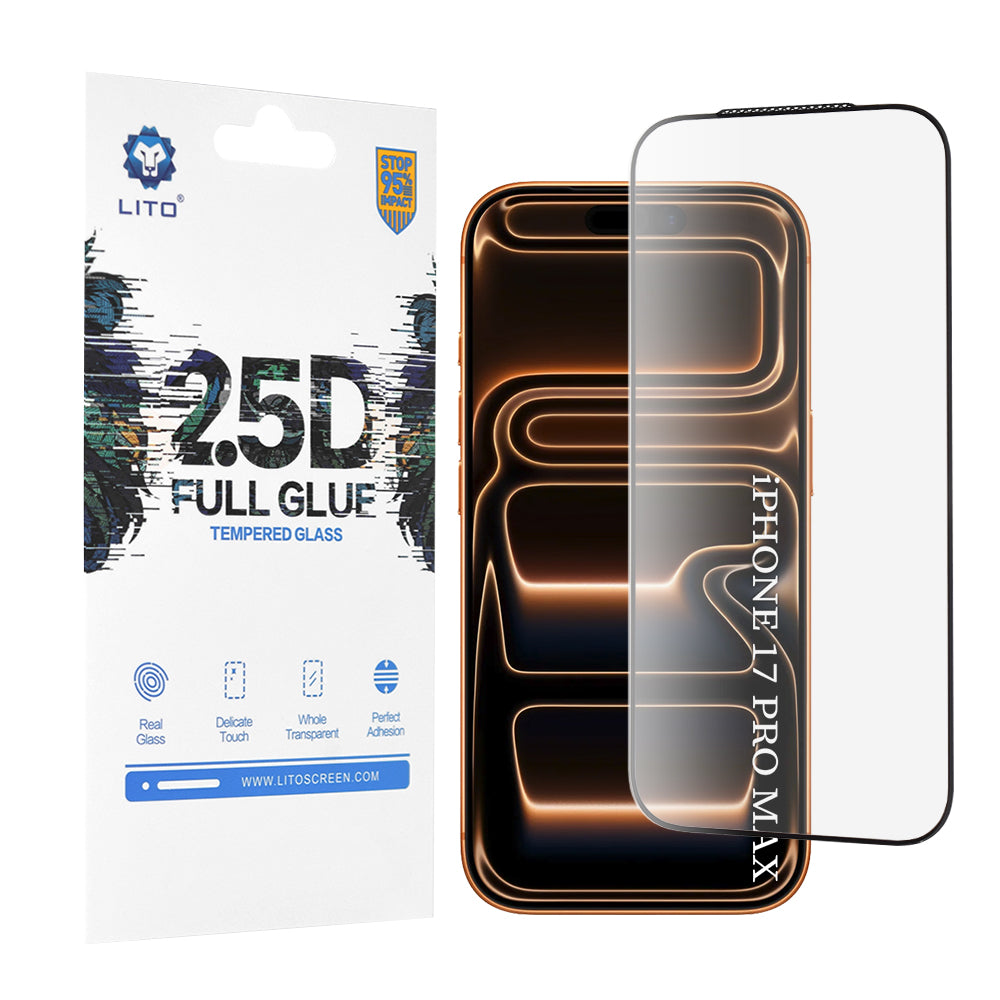 Lito képernyővédő fólia Apple iPhone 17 Pro Max-hez, Edzett üveg, Teljes ragasztás, 2.5D, Fekete