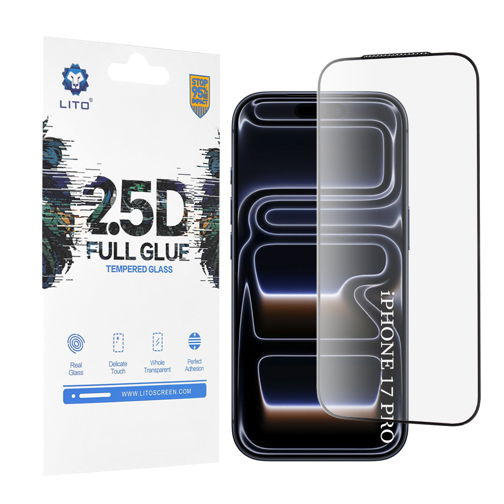 Lito képernyővédő fólia Apple iPhone 17 Pro-hoz, Edzett üveg, Teljes ragasztás, 2.5D, Fekete