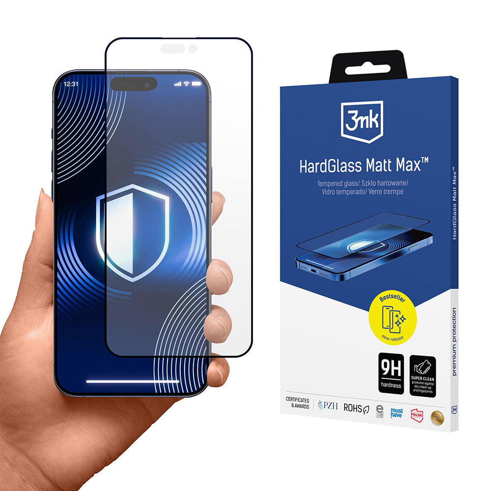 Matt 3MK HardGlass Max képernyővédő fólia Apple iPhone 17 Pro Max készülékhez, Edzett üveg, Teljes ragasztás, Fekete