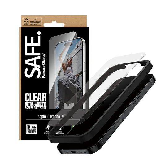 Védőfólia PanzerGlass Safe képernyőre. Ultra-Wide Fit EasyAligner az Apple iPhone 17 / 16 Pro-hoz, Edzett üveg, Teljes ragasztás