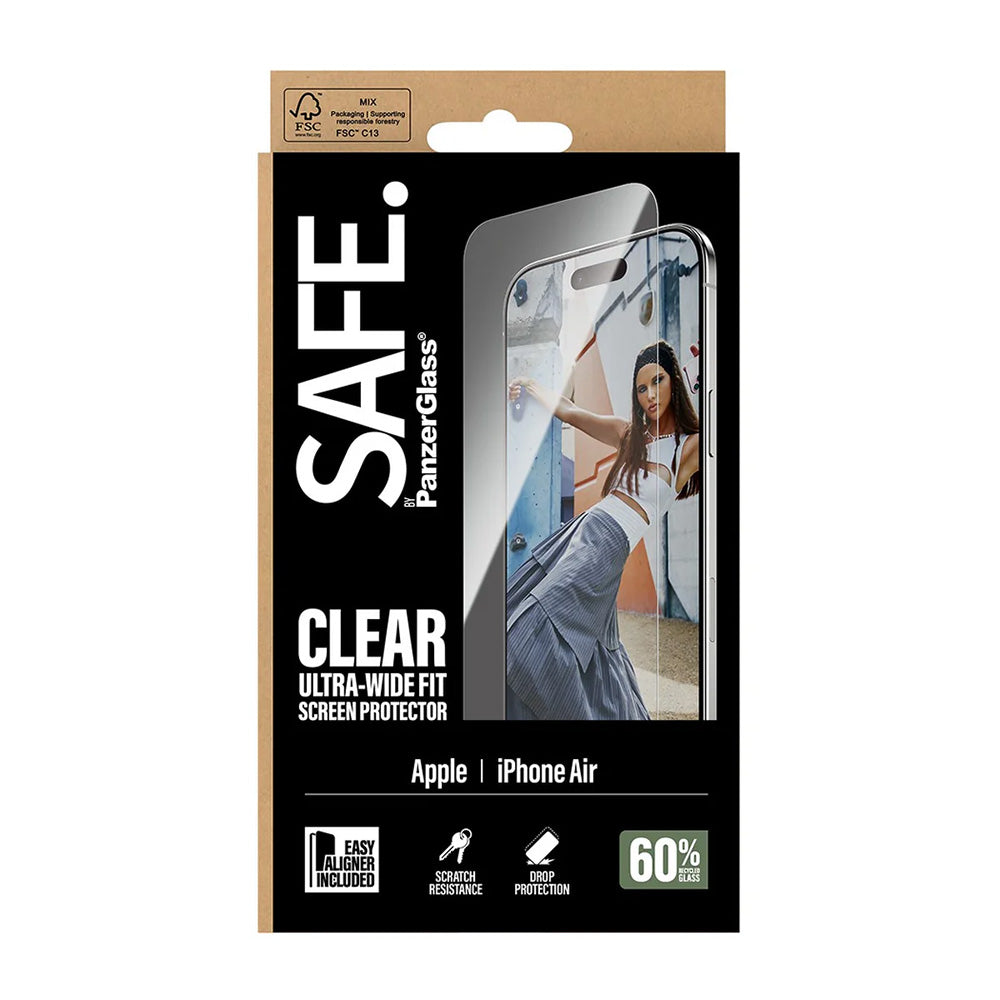 Képernyővédő fólia PanzerGlass Safe. Ultra-Wide Fit EasyAligner az Apple iPhone 17 Air-hez, Edzett üveg, Teljes ragasztás