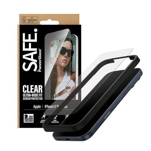 PanzerGlass Safe képernyővédő fólia. Ultra-Wide Fit EasyAligner az Apple iPhone 17 Pro Max számára, Edzett üveg, Teljes ragasztás