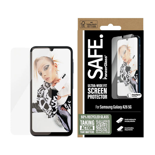 PanzerGlass Safe képernyővédő fólia. Ultra-Wide Fit EasyAligner a Samsung Galaxy A26 A266-hoz, Edzett üveg, Teljes ragasztás