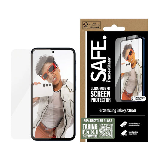 PanzerGlass Safe képernyővédő fólia. Ultra-Wide Fit EasyAligner Samsung Galaxy A36 A366-hoz, Edzett üveg, Teljes ragasztás