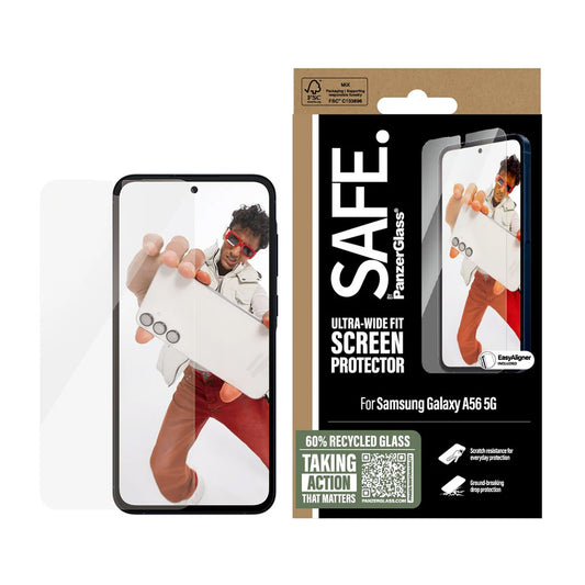PanzerGlass Safe képernyővédő fólia. Ultra-Wide Fit EasyAligner a Samsung Galaxy A56 A566-hoz, Edzett üveg, Teljes ragasztás