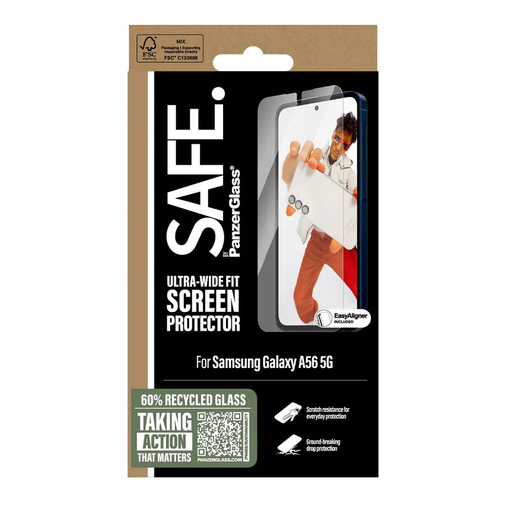 PanzerGlass Safe képernyővédő fólia. Ultra-Wide Fit EasyAligner a Samsung Galaxy A56 A566-hoz, Edzett üveg, Teljes ragasztás