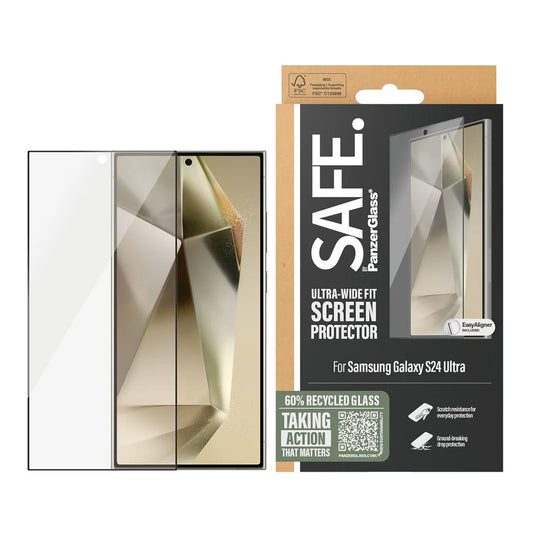 PanzerGlass Safe képernyővédő fólia. Ultra-Wide Fit EasyAligner a Samsung Galaxy S24 Ultra S928-hoz, Edzett üveg, Teljes ragasztás, Fekete