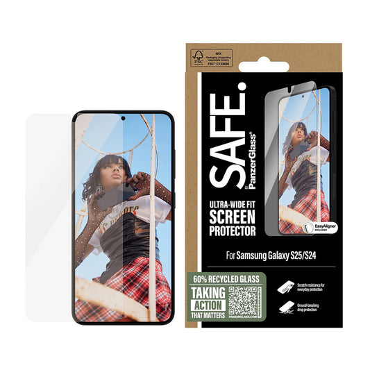 PanzerGlass Safe képernyővédő fólia. Ultra-Wide Fit EasyAligner a Samsung Galaxy S25 S931 / S24 S921 készülékekhez, Edzett üveg, Teljes ragasztás