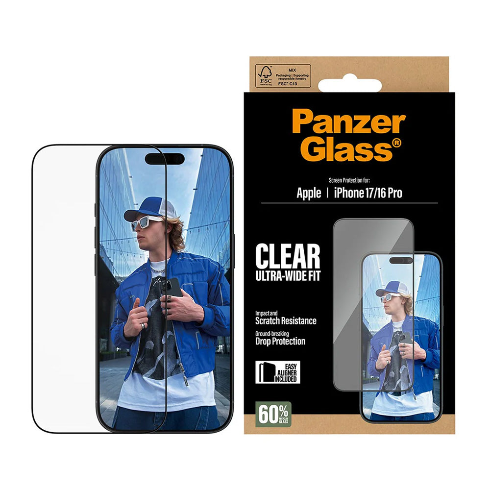 PanzerGlass Ultra-Wide Fit EasyAligner védőfólia Apple iPhone 17 / 16 Pro készülékhez, Edzett üveg, Teljes ragasztás, Fekete