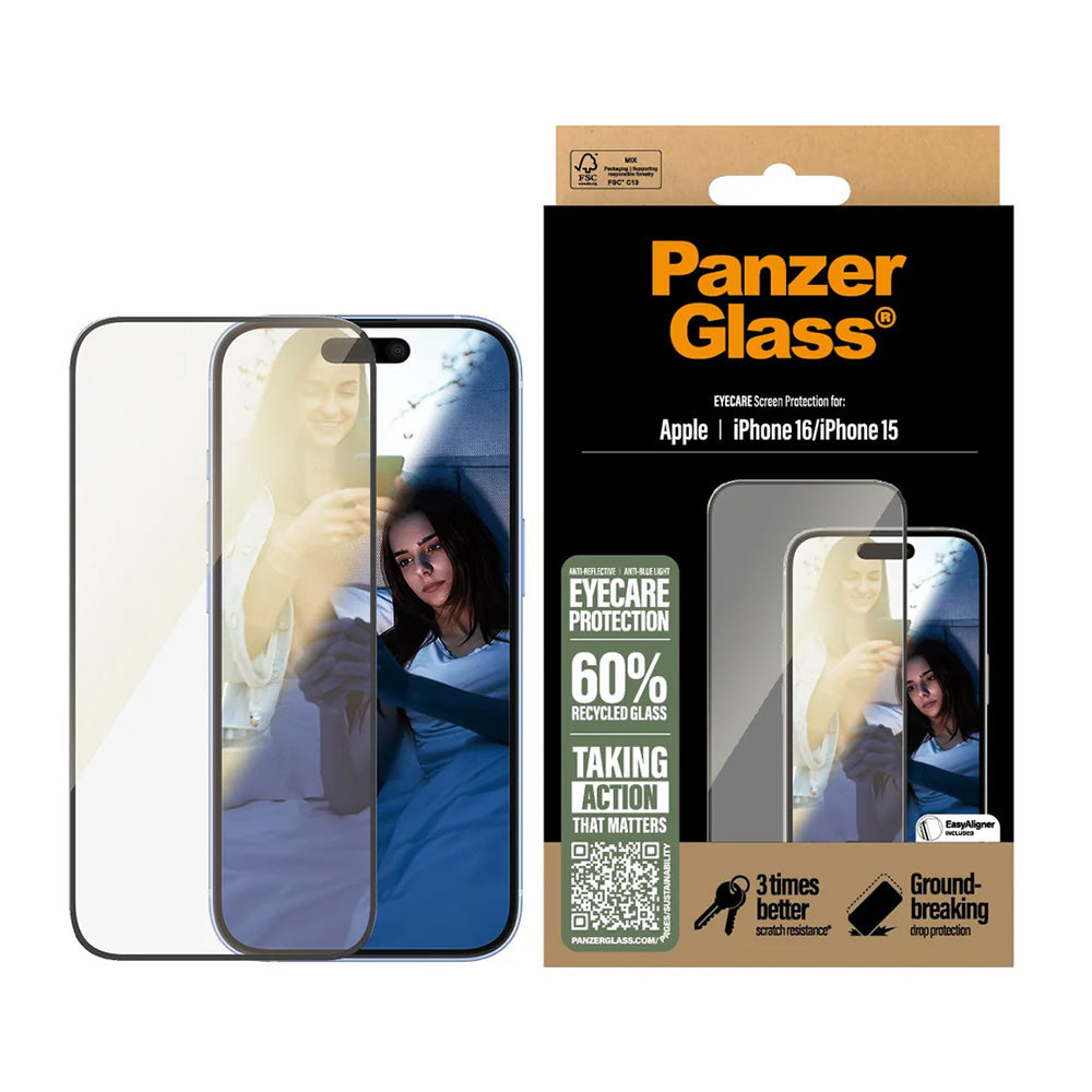 PanzerGlass Ultra-Wide Fit EyeCare védőfólia Apple iPhone 16 / 15 készülékekhez, Edzett üveg, Teljes ragasztás, Fekete