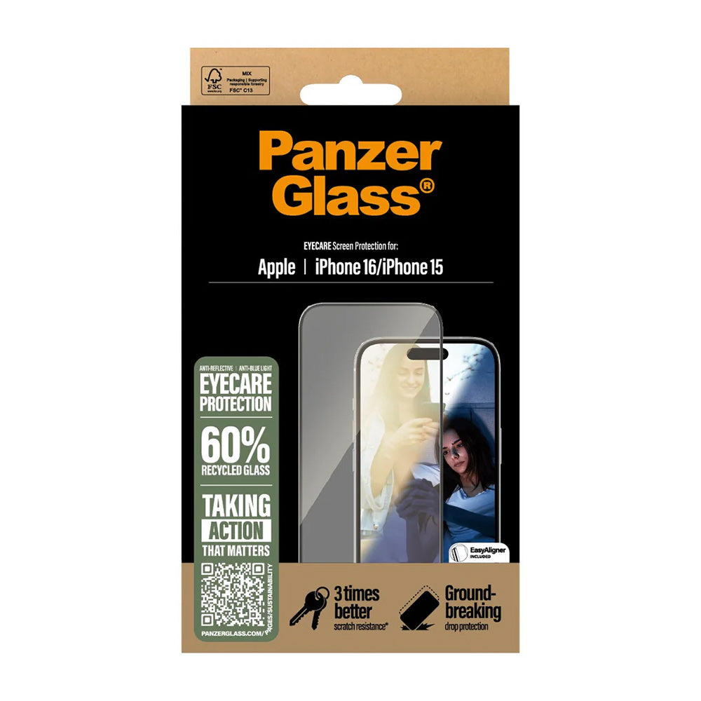 PanzerGlass Ultra-Wide Fit EyeCare védőfólia Apple iPhone 16 / 15 készülékekhez, Edzett üveg, Teljes ragasztás, Fekete