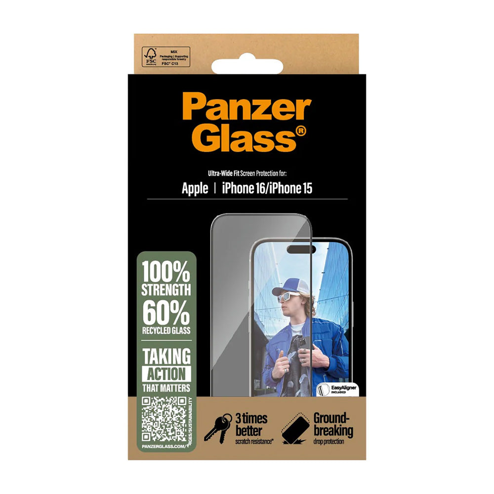PanzerGlass Ultra-Wide Fit védőfólia Apple iPhone 16 / 15 készülékekhez, Edzett üveg, Teljes ragasztás, Fekete