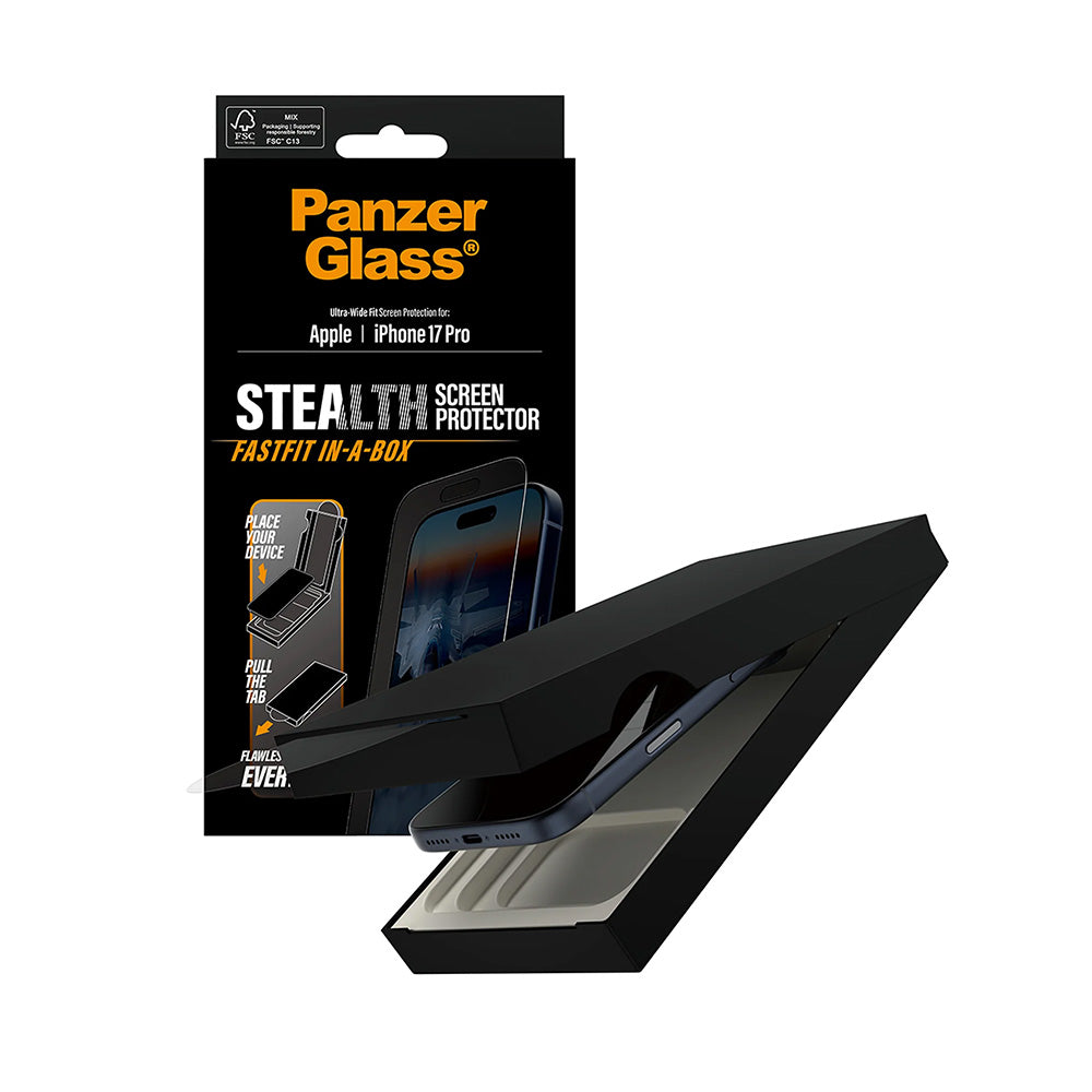 PanzerGlass Ultra-Wide Fit Stealth Fastfit védőfólia Apple iPhone 17 Pro-hoz, Edzett üveg, Teljes ragasztás, Fekete