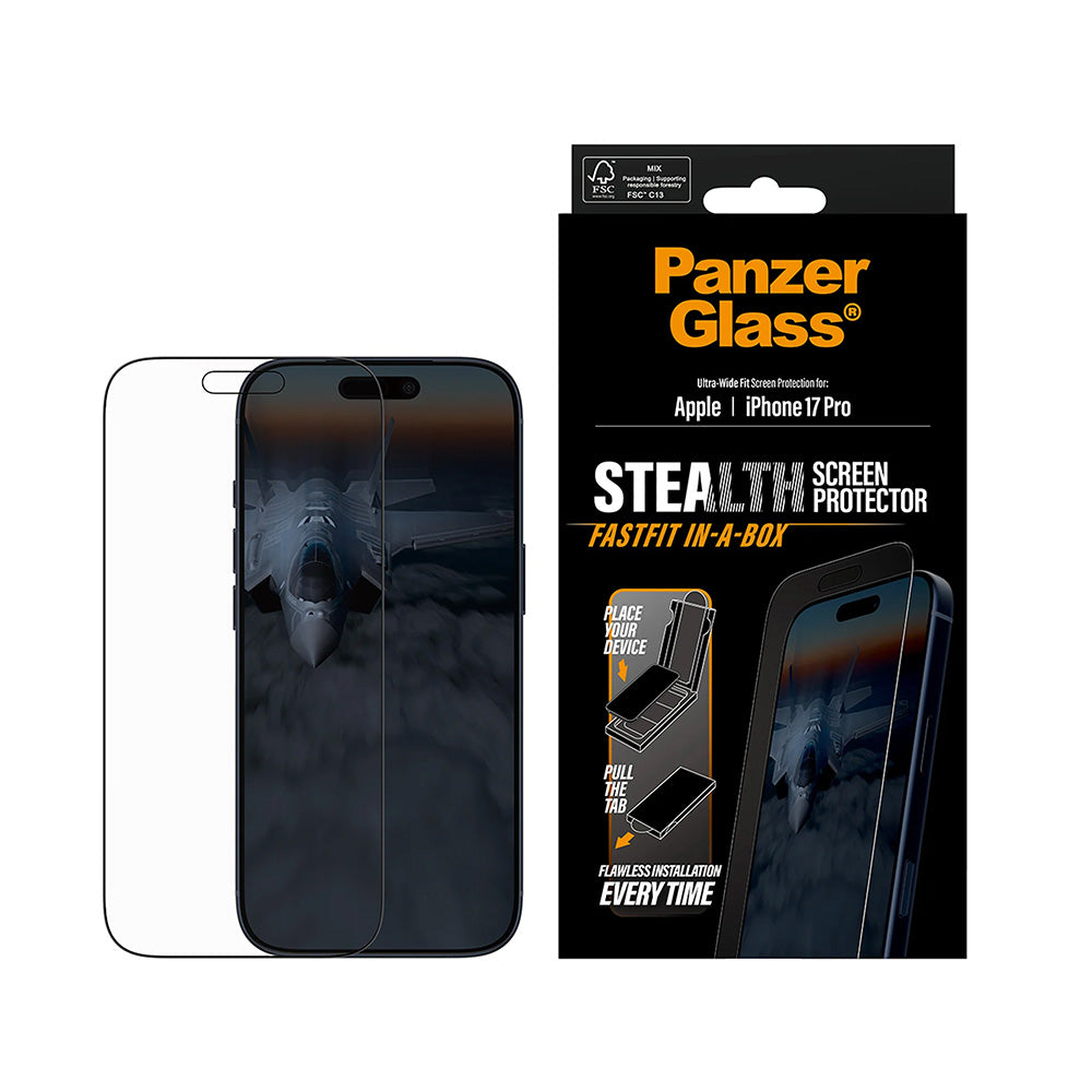 PanzerGlass Ultra-Wide Fit Stealth Fastfit védőfólia Apple iPhone 17 Pro-hoz, Edzett üveg, Teljes ragasztás, Fekete