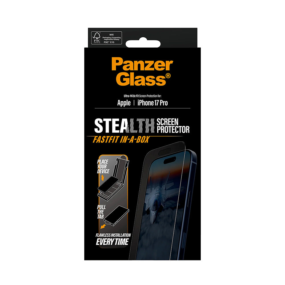 PanzerGlass Ultra-Wide Fit Stealth Fastfit védőfólia Apple iPhone 17 Pro-hoz, Edzett üveg, Teljes ragasztás, Fekete