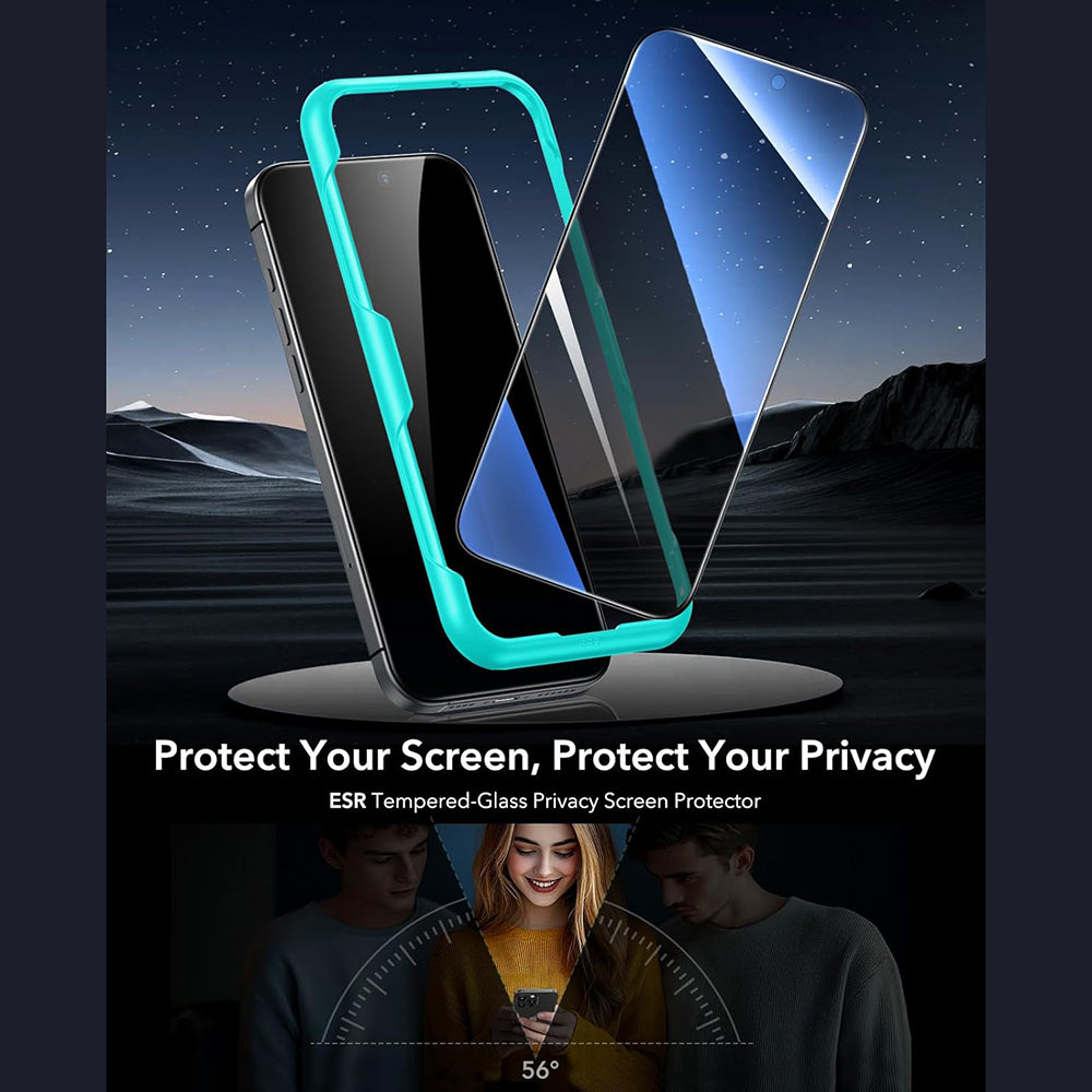 Privacy ESR képernyővédő fólia Apple iPhone 17 / 16 Pro készülékhez, Edzett üveg, Teljes ragasztás, 3 darabos készlet