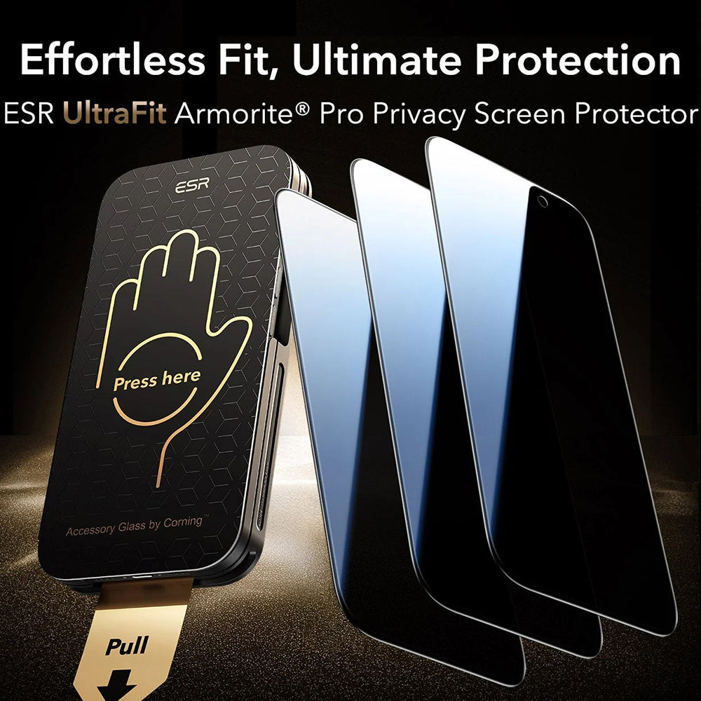 Védőfólia ESR UltraFit Armorite Pro Privacy képernyő Apple iPhone 17 Pro-hoz, Edzett üveg, Teljes ragasztás, 3 darabos készlet