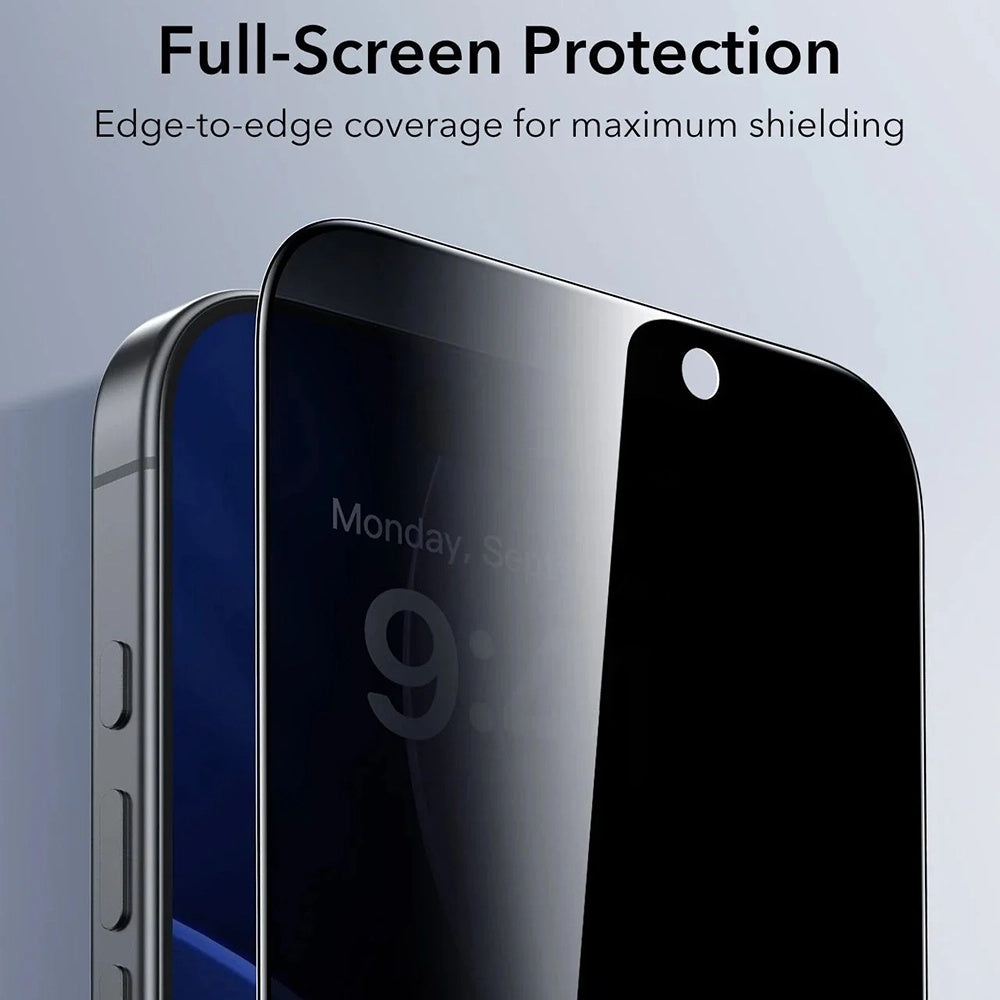 ESR UltraFit Classic Privacy képernyővédő fólia Apple iPhone 18 Pro-hoz, edzett üveg, teljes ragasztó, 3 darabos készlet