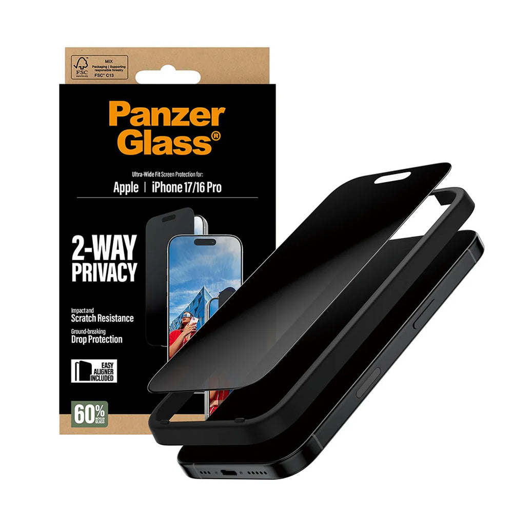 Privacy PanzerGlass Ultra-Wide Fit 2-Way EasyAligner védőfólia Apple iPhone 17 / 16 Pro készülékekhez, Edzett üveg, Teljes ragasztás
