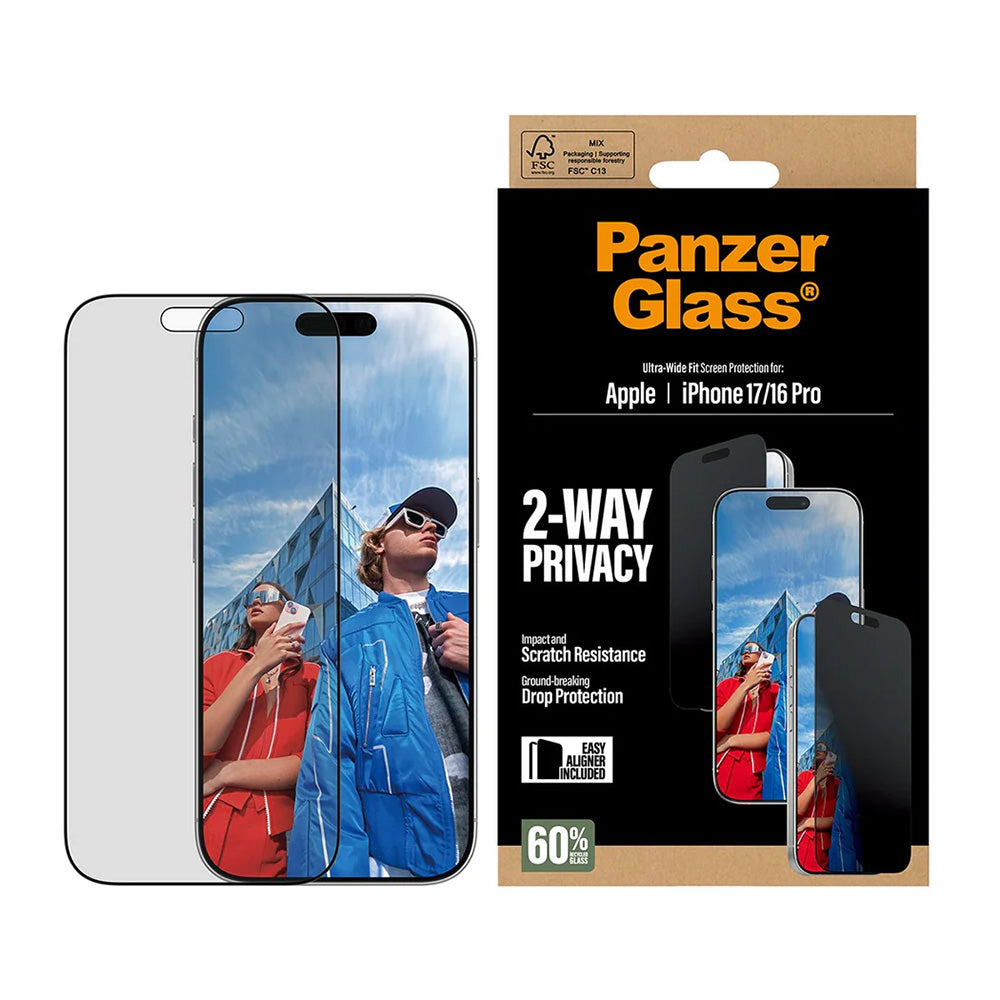 Privacy PanzerGlass Ultra-Wide Fit 2-Way EasyAligner védőfólia Apple iPhone 17 / 16 Pro készülékekhez, Edzett üveg, Teljes ragasztás