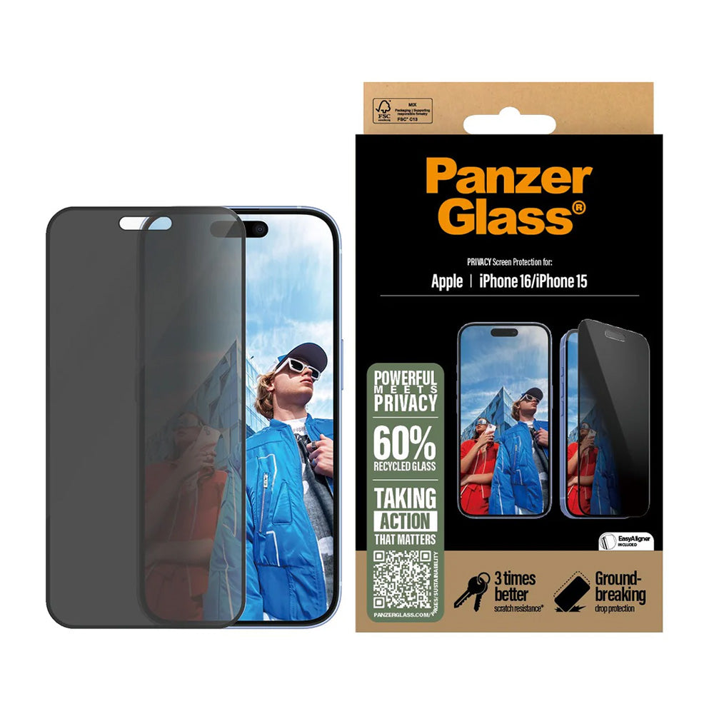 Privacy PanzerGlass Ultra-Wide Fit EasyAligner védőfólia Apple iPhone 16 / 15 készülékekhez, Edzett üveg, Teljes ragasztás