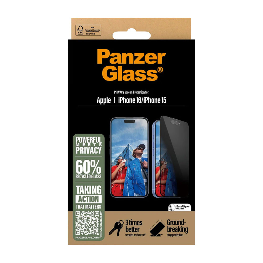 Privacy PanzerGlass Ultra-Wide Fit EasyAligner védőfólia Apple iPhone 16 / 15 készülékekhez, Edzett üveg, Teljes ragasztás