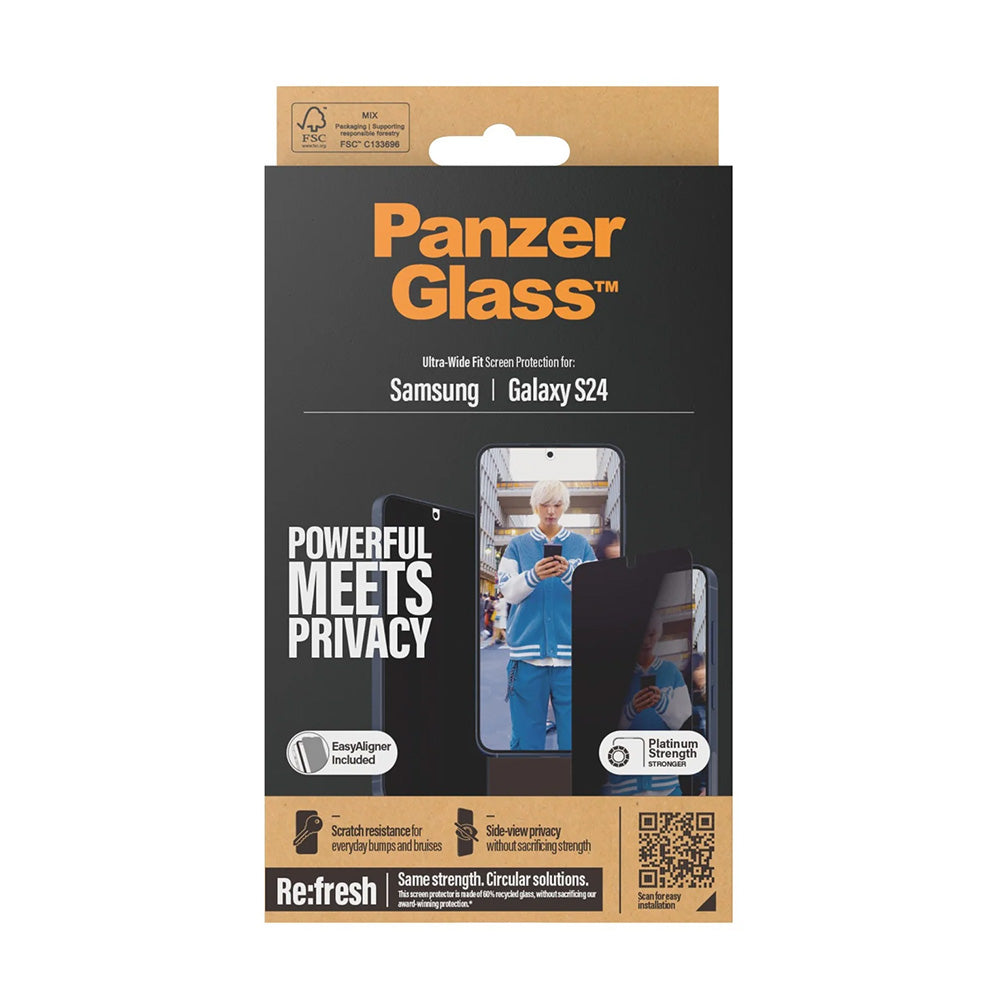 Védőfólia Privacy PanzerGlass Ultra-Wide Fit EasyAligner a Samsung Galaxy S24 S921-hez, Edzett Üveg, Teljes Ragasztás