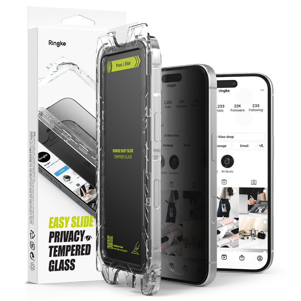 Privacy Ringke Easy Slide képernyővédő fólia Apple iPhone 16 Plus / 15 Plus készülékekhez, Edzett üveg, Teljes ragasztás, 2 darabos készlet