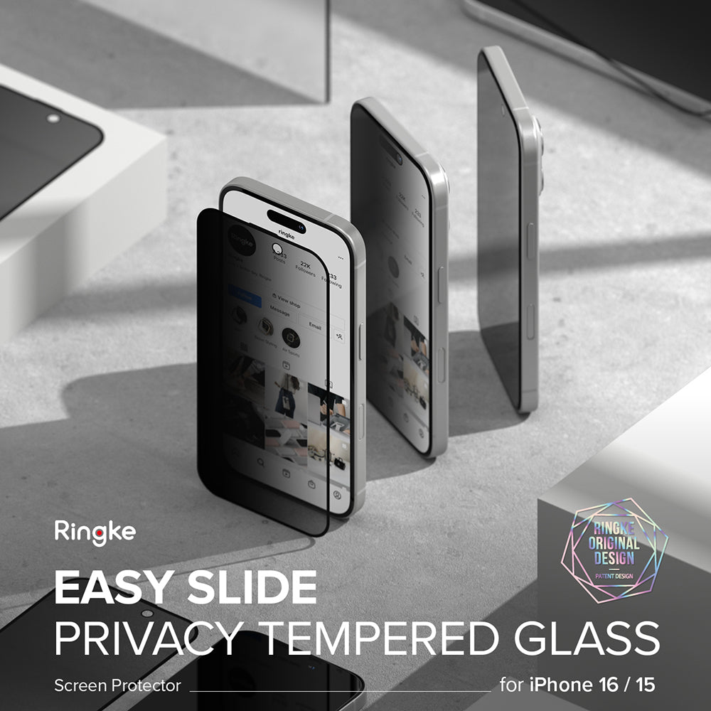 Privacy Ringke Easy Slide képernyővédő fólia Apple iPhone 16 Plus / 15 Plus készülékekhez, Edzett üveg, Teljes ragasztás, 2 darabos készlet