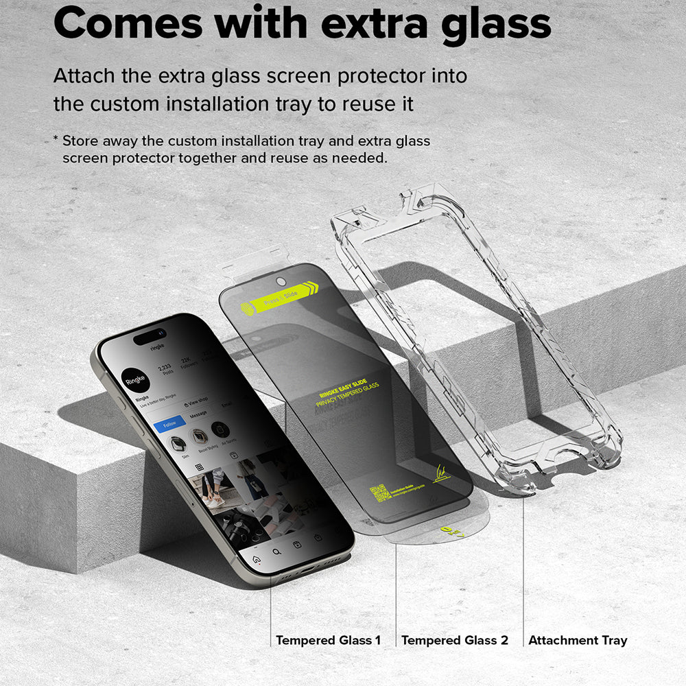 Privacy Ringke Easy Slide képernyővédő fólia Apple iPhone 16 Plus / 15 Plus készülékekhez, Edzett üveg, Teljes ragasztás, 2 darabos készlet