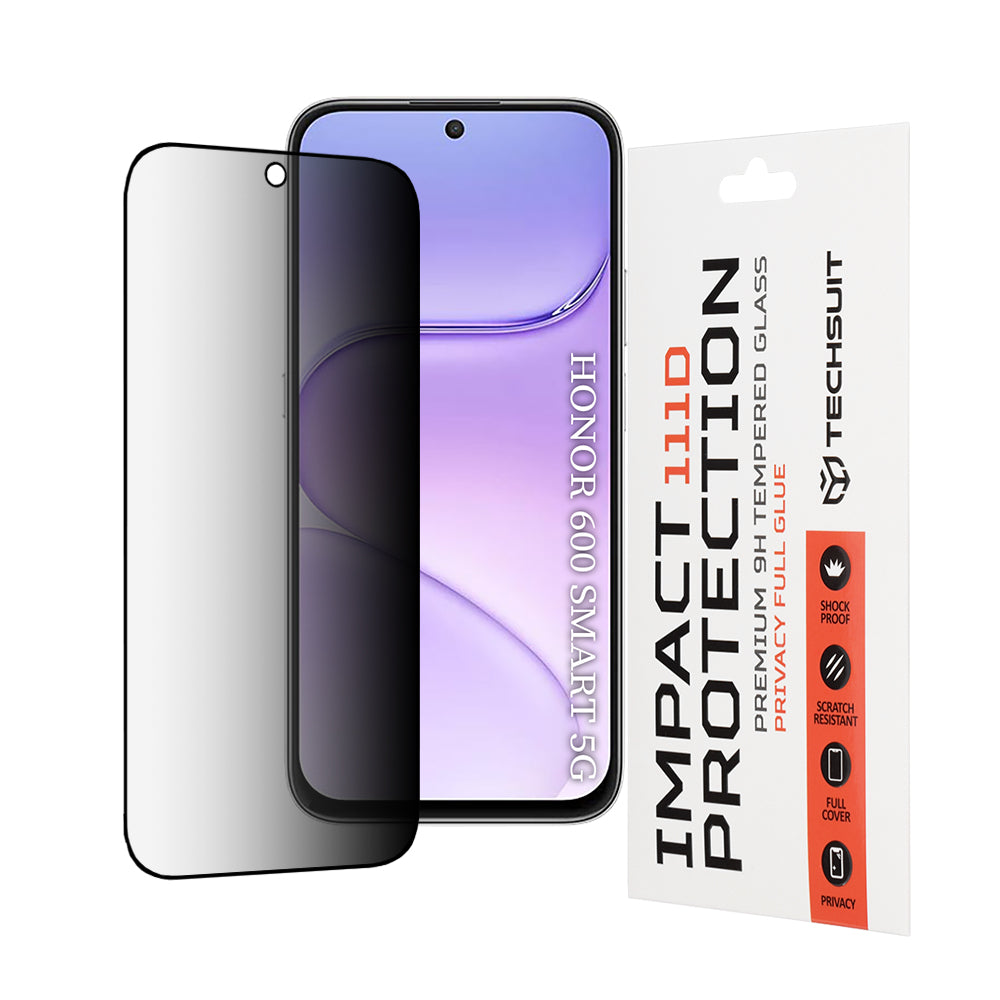 Techsuit Privacy képernyővédő fólia Honor 600 Smart készülékhez, edzett üveg, teljes ragasztó, 111D