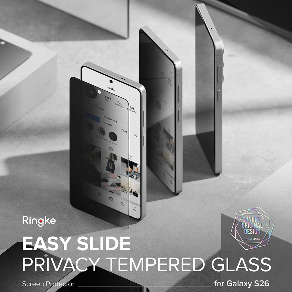 Ringke Easy Slide képernyővédő fólia Samsung Galaxy S26-hoz, Edzett üveg, Teljes ragasztás, 2 darabos készlet, Fekete