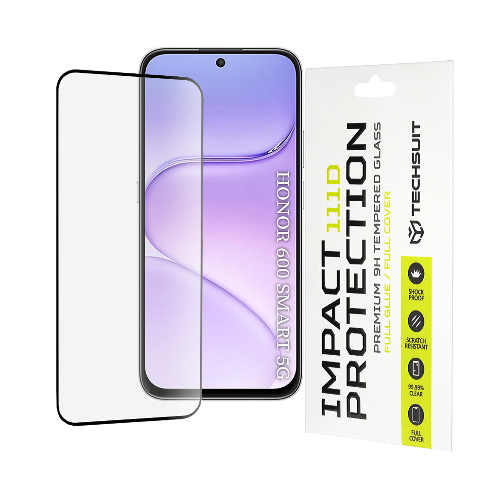 Techsuit képernyővédő fólia Honor 600 Smart készülékhez, edzett üveg, teljes ragasztó, 111D, fekete