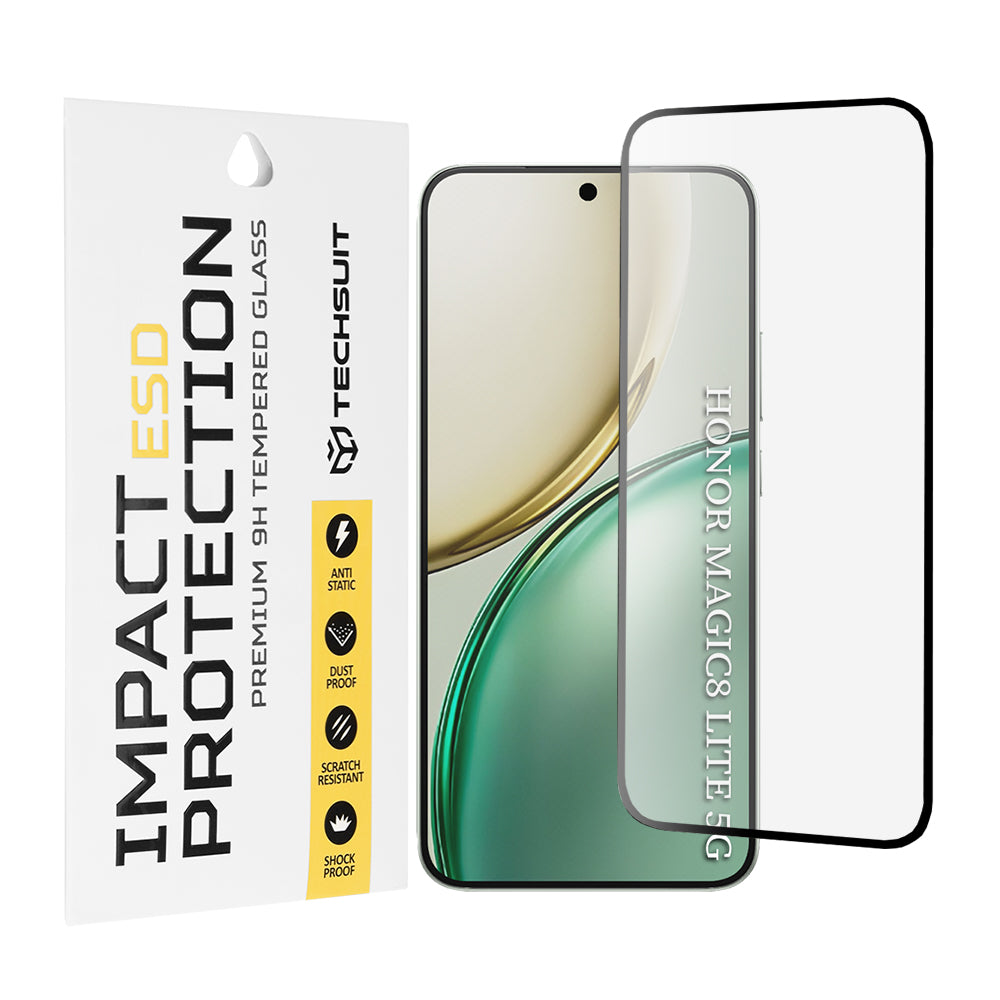 Techsuit védőfólia Honor Magic8 Lite készülékhez, Edzett üveg, Teljes ragasztás, Fekete