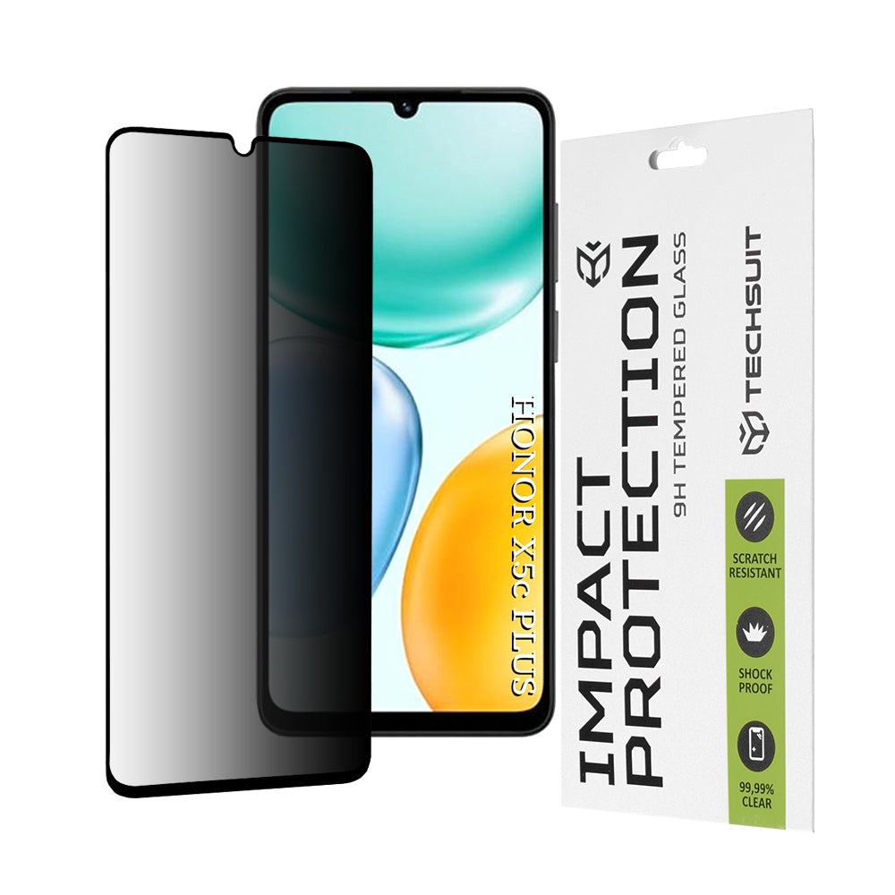 Privacy Techsuit védőfólia Honor X5c Plus készülékhez, Edzett üveg, Teljes ragasztás, 111D