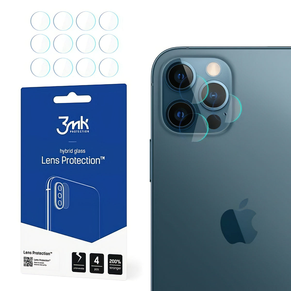 3MK Protection hátlapi kamera védőfólia Apple iPhone 12 Pro-hoz, rugalmas üveg, 4 darabos készlet, átlátszó