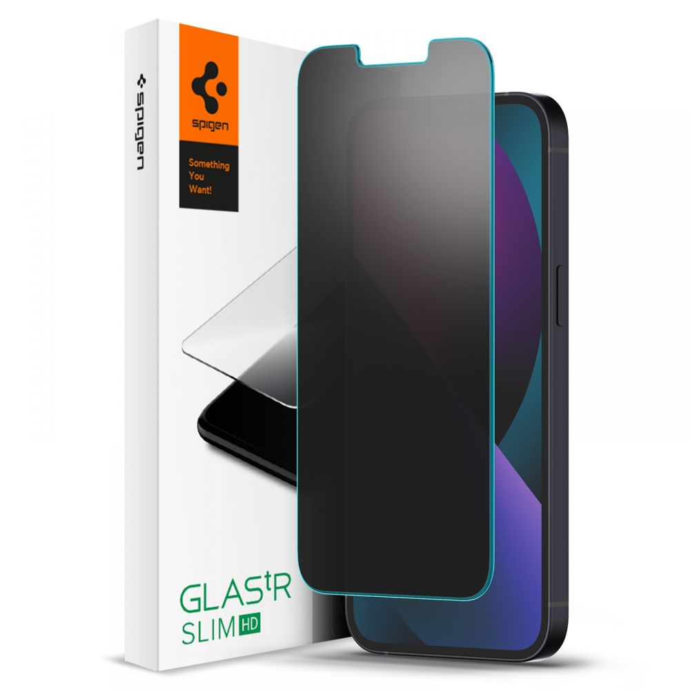 Privacy képernyővédő fólia Spigen GlastR Slim Apple iPhone 17e / 16e / 14 / 13 Pro készülékekhez, Edzett üveg, Teljes ragasztás AGL03393