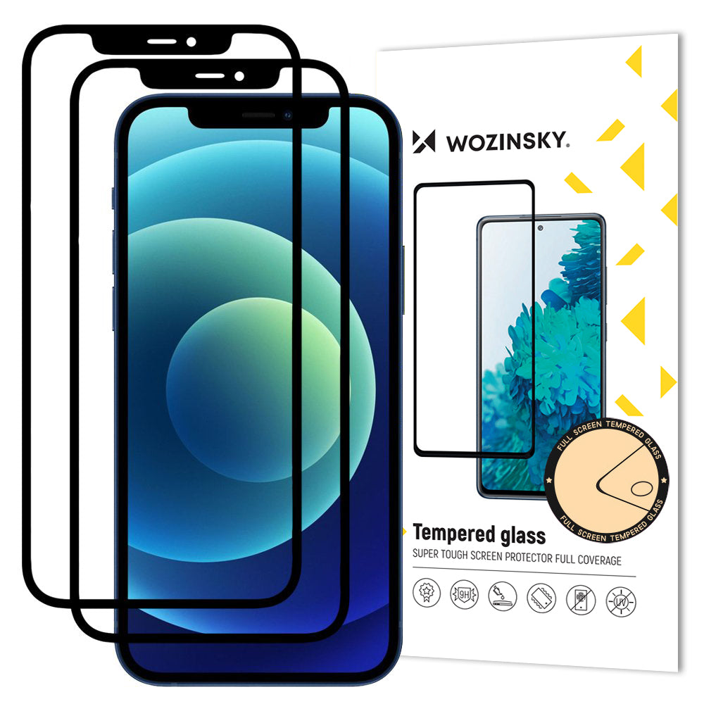 WZK képernyővédő fólia Apple iPhone 12 / 12 Pro készülékhez, edzett üveg, teljes ragasztófelület, 2 darabos készlet, tokbarát, fekete