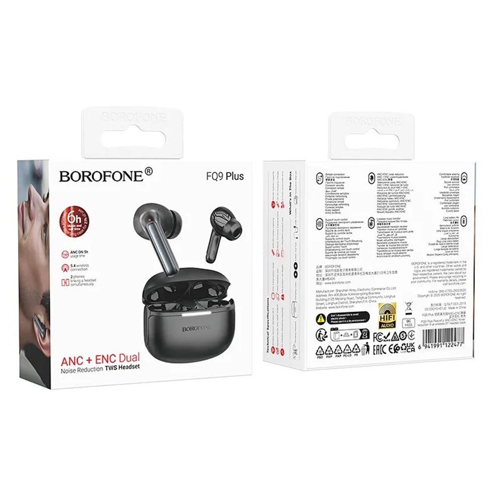 Handsfree Bluetooth Borofone FQ9 Plus Peaceful, TWS, ANC, Fekete