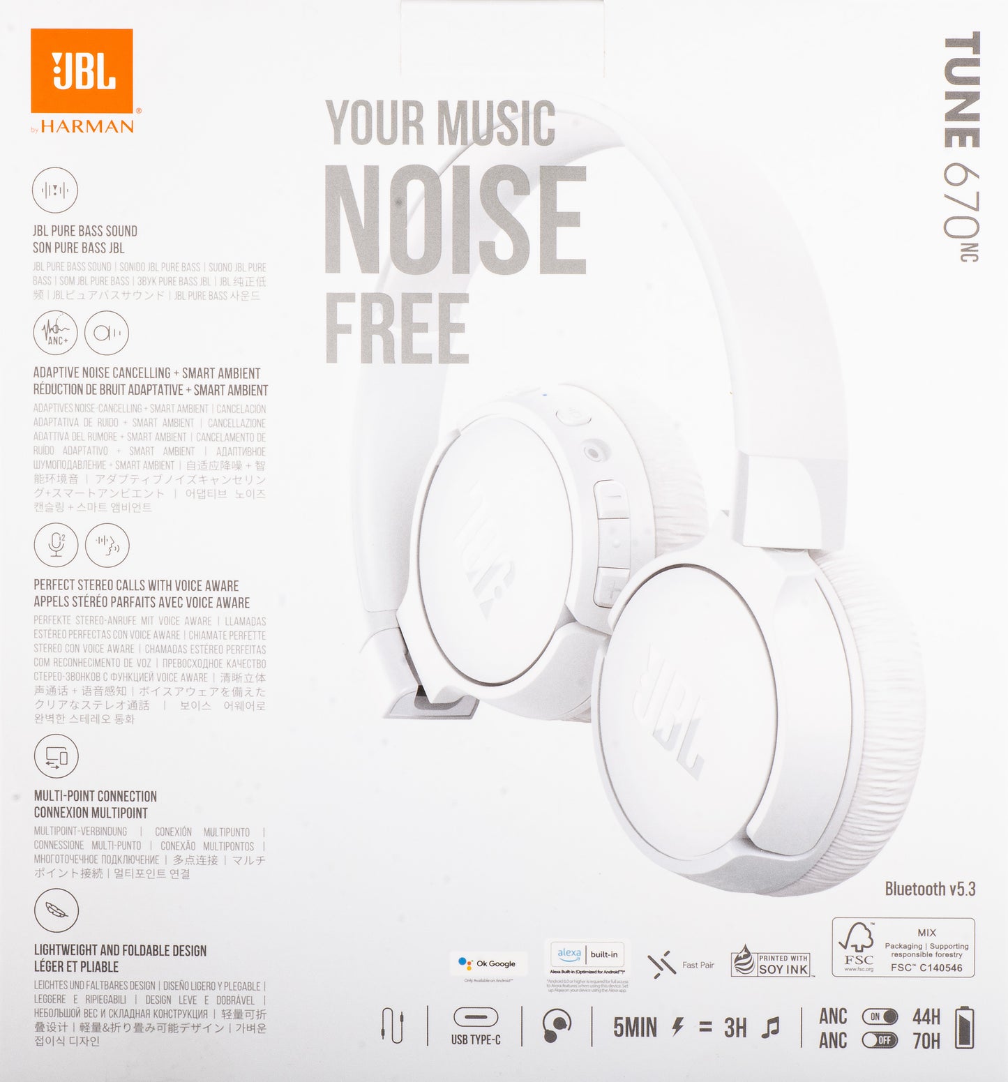 Handsfree Bluetooth JBL Tune 670NC, MultiPoint, A2DP, ANC, Fehér JBLT670NCWHTAP